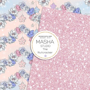 May include: A digital paper pack with two seamless patterns. The first pattern features a pink and blue floral design with a white background. The second pattern features a pink glitter background with white stars. The text "MASHA STUDIO The Nutcracker" is in a white circle on the pink glitter background.