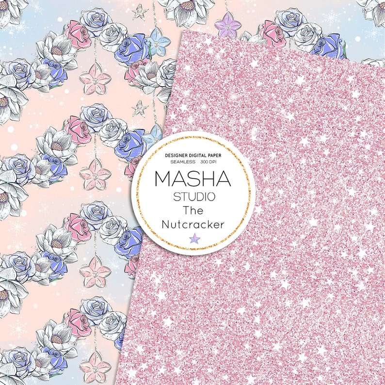 May include: A digital paper pack with two seamless patterns. The first pattern features a pink and blue floral design with a white background. The second pattern features a pink glitter background with white stars. The text "MASHA STUDIO The Nutcracker" is in a white circle on the pink glitter background.