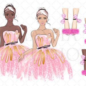 May include: Two illustrations of women wearing pink dresses with gold accents and pink furry shoes with bows. The dresses have a pink leopard print pattern.