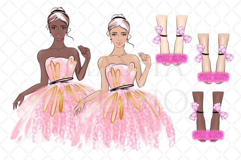 May include: Two illustrations of women wearing pink dresses with gold accents and pink furry shoes with bows. The dresses have a pink leopard print pattern.