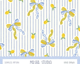 Lemons and Bows Seamless Pattern by Masha Studio: Blue, Yellow and White  Bows with Lemons File,  (Digital Download)