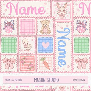 Custom Name Easter Seamless Pattern: Personalized Bunny, Chick, Bow, Easter Egg File (Digital Download)
