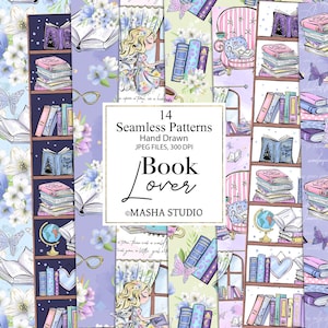 May include: A set of 14 digital seamless patterns featuring a book lover theme. The patterns include books, flowers, butterflies, glasses, a globe, and a girl reading a book. The patterns are in a variety of colours, including pink, blue, green, and purple. The patterns are perfect for scrapbooking, card making, and other craft projects.