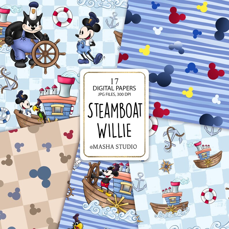 Digitala papper med Ångabåten Willie, digitala papper med marinblå färger, digitala papper med pojkar, mönster med pojkar, nautiska mönster, Masha Studio, planeringsklistermärken bild 4