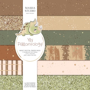 Puede incluir: Un paquete de papel digital con 9 patrones sin costuras que presentan un lindo triceratops de dibujos animados con el texto "¡Yey Paleontología!" Los patrones son en tonos de marrón, verde y dorado con acentos de brillo. Los patrones son de 30,5 x 30,5 cm y 300 DPI.