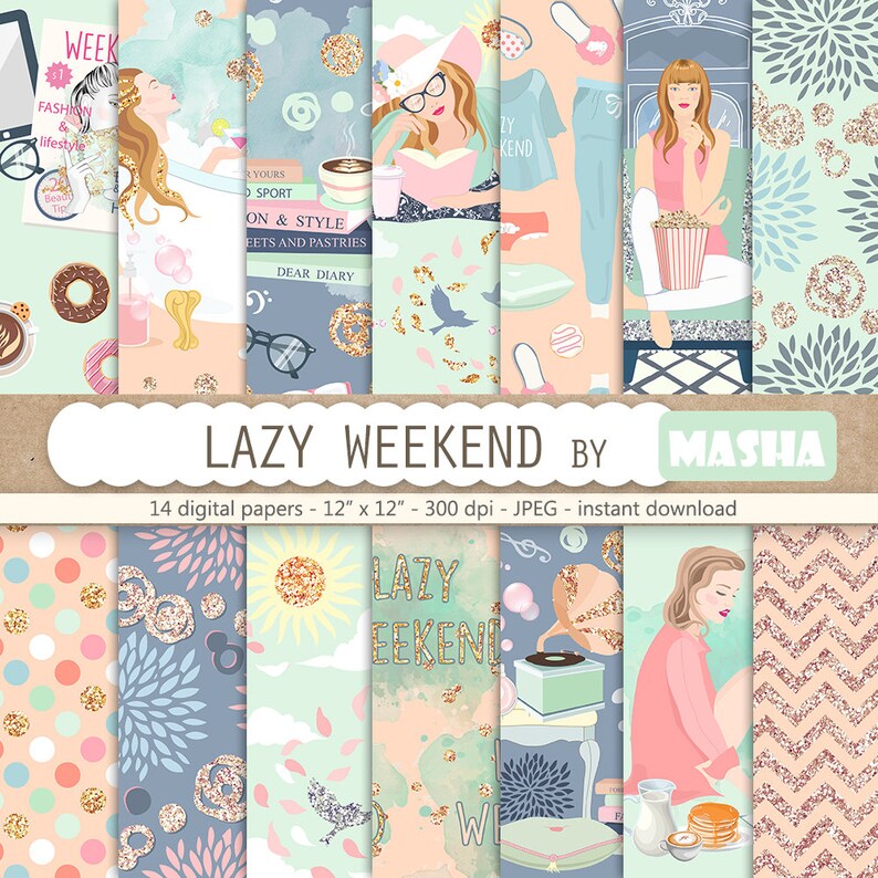 Weekend digital paper ''LAZY WEEKEND relaxing girl digital paper, my time, me myself and I, bathroom pattern, relax time, Seamless patterns image 1
