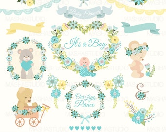 Baby shower clipart: "Boy Baby Shower clipart" with blue flower clipart, baby clipart, teddy bear clipart, 24 images,300 dpi. PNG, EPS files