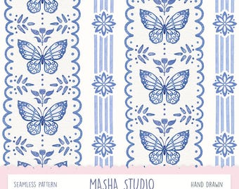 Lace Butterfly Seamless Pattern by Masha Studio: Blue Stripes and Butterfly Repeating File, Preppy Butterfly Pattern (Digital Download)