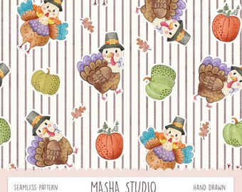 Stripes Thanksgiving Seamless Pattern by Masha Studio | Turkey and Pumpkin File | Watercolor Fall Repeating Digital Paper for Commercial Use