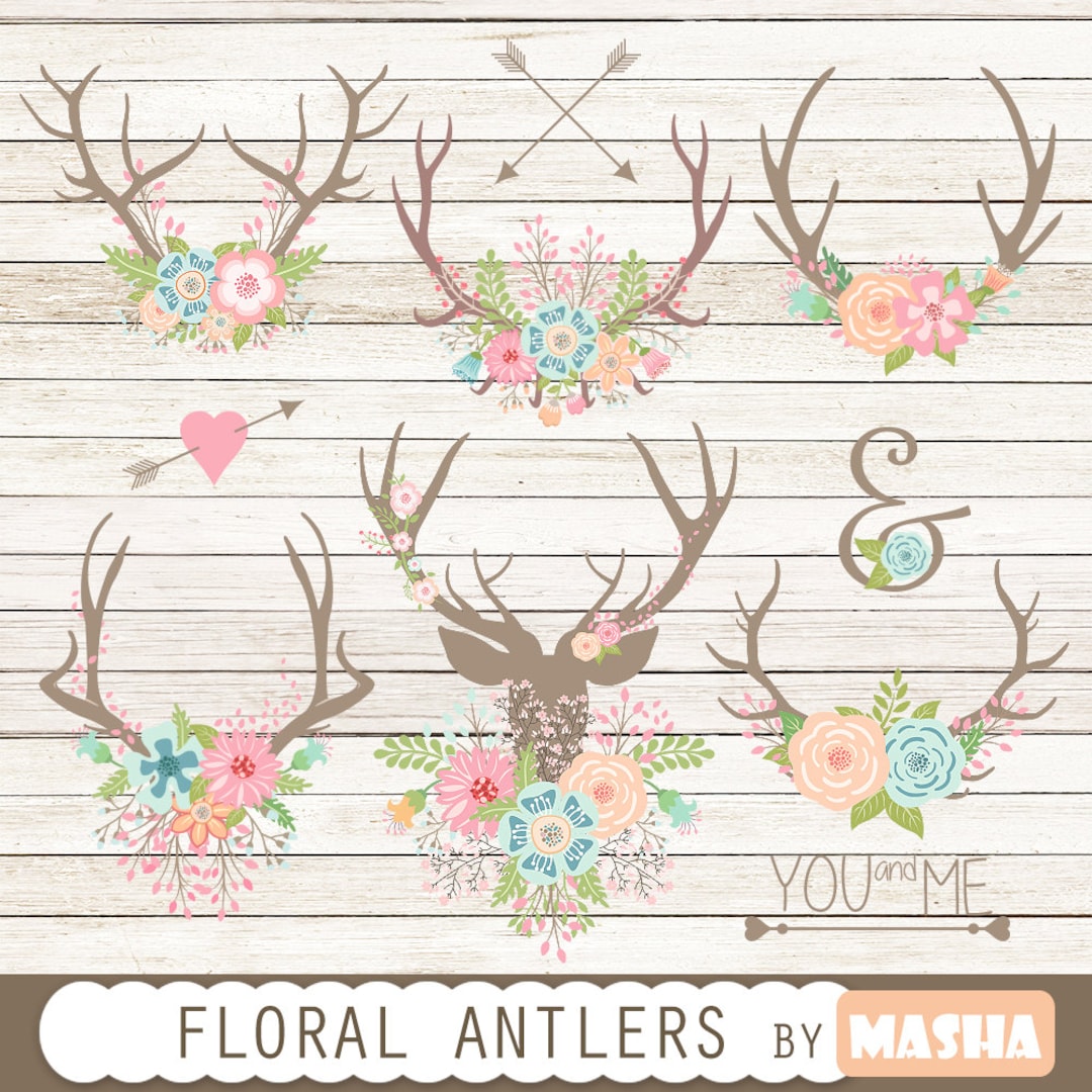 Floral Antlers: floral Antlers Antler Clipart, Floral Bouquet, Rustic ...
