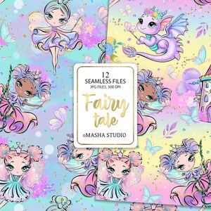 May include: A set of 12 seamless digital paper patterns featuring fairies, dragons, castles, and butterflies in a whimsical pastel color palette. The patterns are perfect for crafting, scrapbooking, and digital design projects. The text "Fairy Tale" is featured in the center of the image.