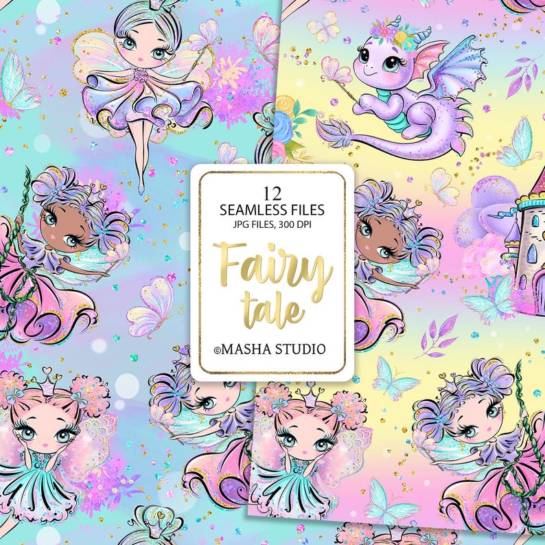 May include: A set of 12 seamless digital paper patterns featuring fairies, dragons, castles, and butterflies in a whimsical pastel color palette. The patterns are perfect for crafting, scrapbooking, and digital design projects. The text "Fairy Tale" is featured in the center of the image.