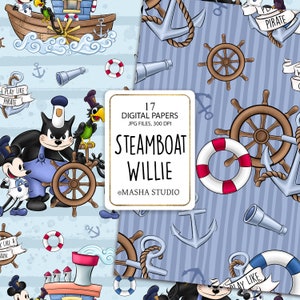 Digitala papper med Ångabåten Willie, digitala papper med marinblå färger, digitala papper med pojkar, mönster med pojkar, nautiska mönster, Masha Studio, planeringsklistermärken bild 3