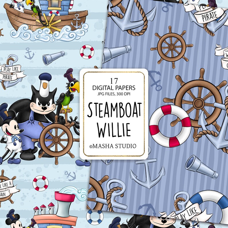 Digitala papper med Ångabåten Willie, digitala papper med marinblå färger, digitala papper med pojkar, mönster med pojkar, nautiska mönster, Masha Studio, planeringsklistermärken bild 3