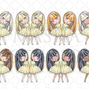 Puede incluir: Una colecci&oacute;n de mu&ntilde;ecas ilustradas, cada una representada en pares. Las mu&ntilde;ecas tienen el pelo largo de varios colores, incluyendo rubio, casta&ntilde;o y negro. Llevan vestidos amarillos con una falda en capas y est&aacute;n de pie.