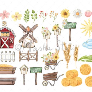 May include: Watercolor clipart set featuring farm elements, including a red barn, a windmill, a fence, a wheelbarrow, hay bales, a birdhouse, a sunflower, and a sign that says "Happy Farm".