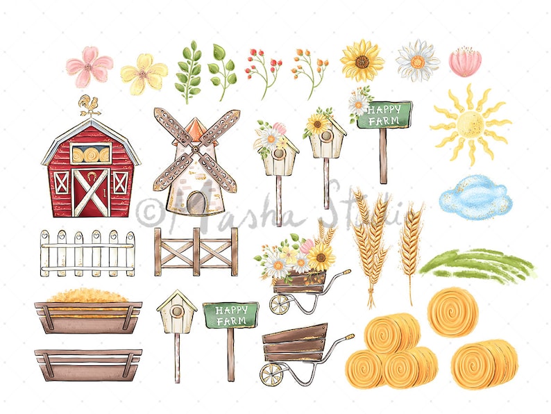 May include: Watercolor clipart set featuring farm elements, including a red barn, a windmill, a fence, a wheelbarrow, hay bales, a birdhouse, a sunflower, and a sign that says "Happy Farm".