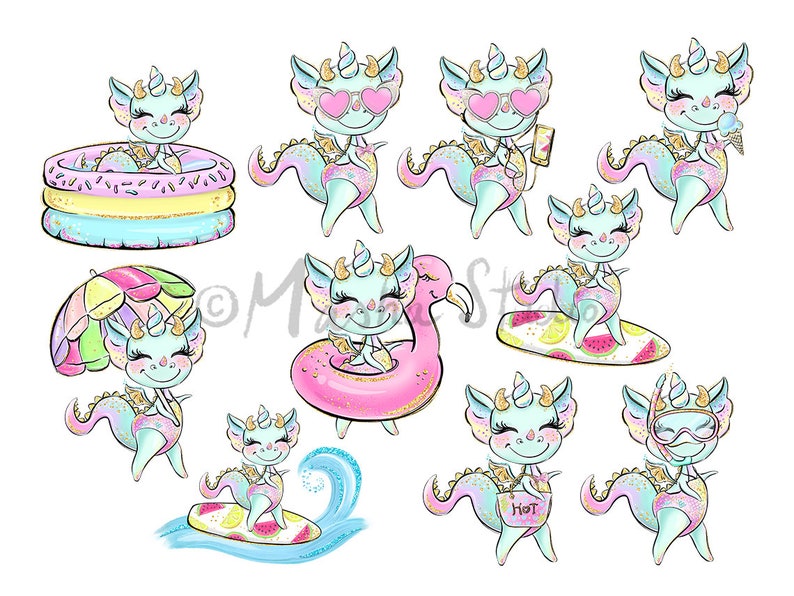 Dragons Clipart, Cute Dragon Clipart, Baby Dragon Clip Art, Summer Clipart, Activities Clipart, Planner Stickers, Beach Clipart, Summer Art image 3