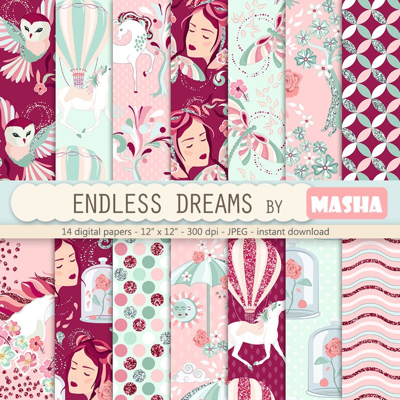 Whimsical digital paper: ENDLESS DREAMS with owl digital pattern, horse pattern, romantic digital paper, 14 images, 300 dpi. jpg files image 1