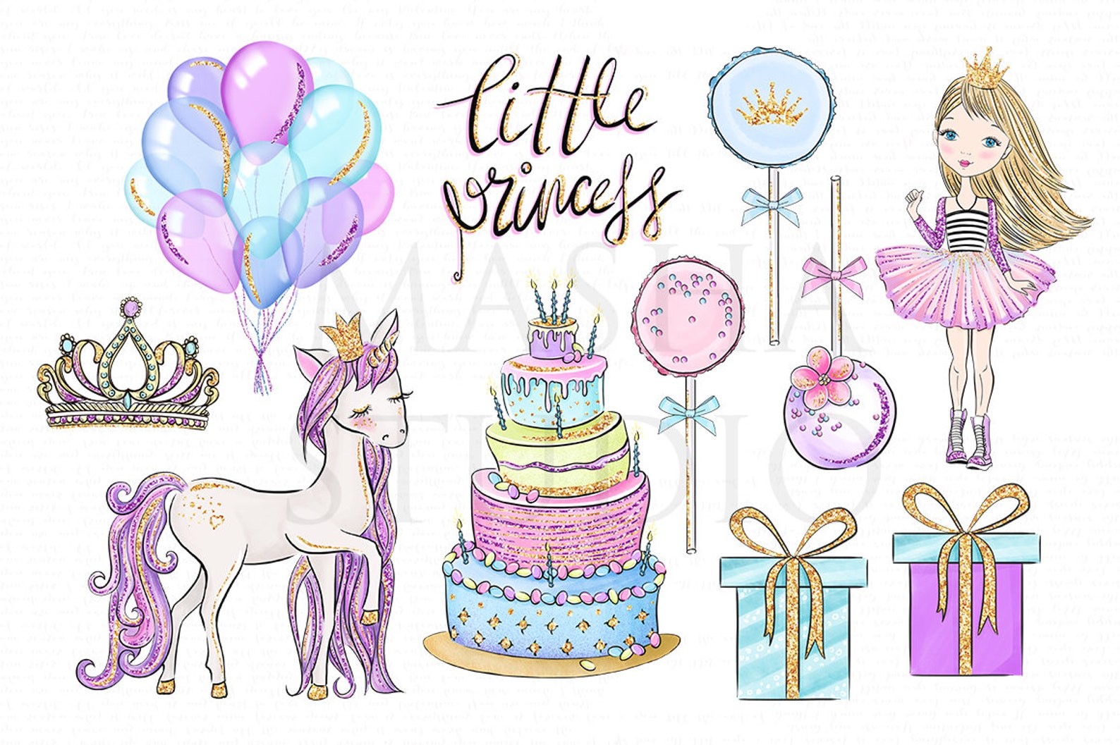 Princess Birthday Clipart Set, Unicorn Party (PNG Files) - Etsy