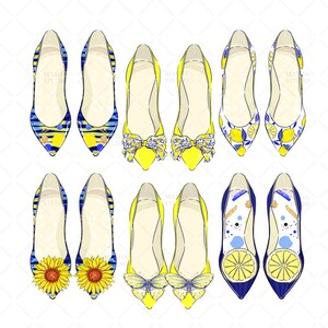 May include: Six pairs of yellow and blue high-heeled shoes with different patterns. The patterns include lemons, butterflies, sunflowers, and geometric designs.