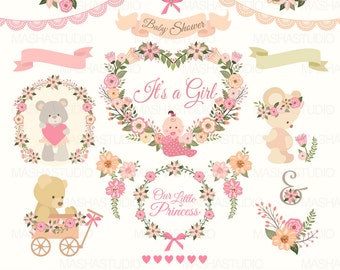 Baby shower clipart: "Girl Baby Shower clipart" with pink flower clipart, baby clipart, teddy bear clipart, 24 images,300 dpi. PNG EPS files