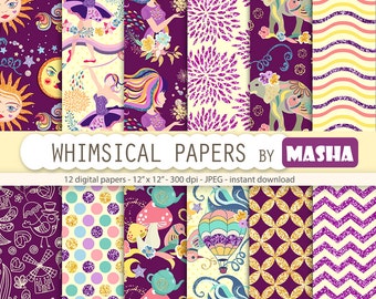 Fantasy papers: "WHIMSICAL DIGITAL PAPERS" with whimsical pattern, elephant digital paper, ballerina pattern, 12 images, 300 dpi. jpg files