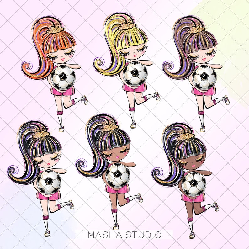 Puede incluir: Seis ilustraciones de chicas con cabello largo y colorido sosteniendo balones de f&uacute;tbol. Cada chica lleva un sujetador deportivo rosa y calcetines blancos. Las chicas tienen diferentes tonos de piel y colores de cabello. El fondo es un patr&oacute;n de cuadros rosa y blanco.