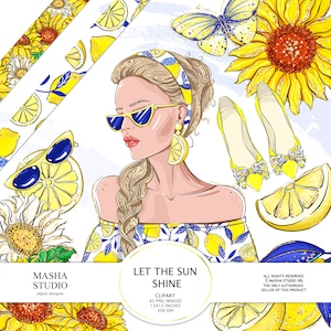 Spring Summer Clipart, Sunflower Clipart, Lemon Clipart, Fashion Girl Clipart, Washi Tape Clipart Planner Stickers Fashion Girl Illustration