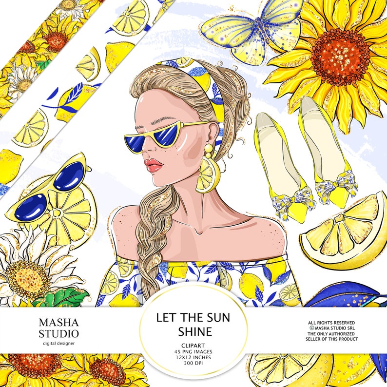 May include: A digital illustration of a woman with blonde hair wearing sunglasses, a lemon headband, and a lemon print dress. The background features lemons, sunflowers, and butterflies. The text "Let the Sun Shine" is included in the image.  The text "Clipart 45 PNG Images 12x12 inches 300 DPI" is also included in the image.