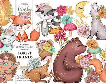 Forest Friends Clipart Forest Animals Clipart Autumn Clipart Fall Clipart Fox Clipart Wolf Clipart Deer Clipart Hedgehog Clipart Woodland