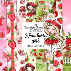 Könnte beinhalten: Ein Set mit 21 digitalen nahtlosen Mustern mit einer Erdbeermädchenfigur, Erdbeeren, Marmeladengläsern und anderen Erdbeer-Motiven. Die Muster sind handgezeichnet und perfekt für Basteln, Scrapbooking und andere kreative Projekte.