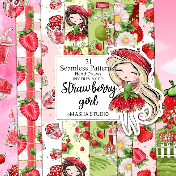 Strawberry Digital Papers, Seamless Strawberry Pattern, Strawberry Girl, Strawberry Pattern Fabric, Planner Stickers, Surface Patterns