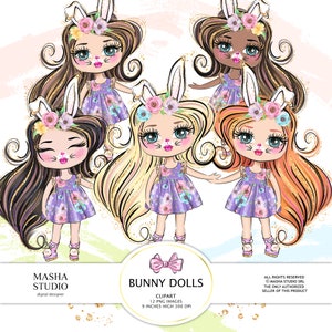 Easter Clipart, Bunny Girls Clipart, Easter Dolls Clipart, Bunny Dolls Clipart, Easter Girl Illustration, Cute Girl Clipart, 12 images