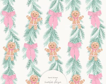 Christmas Garland Seamless Pattern by Masha Studio, Cute Pink Gingerbread Man Hand Drawn Repeat File for Commercial Use (Digital Download)