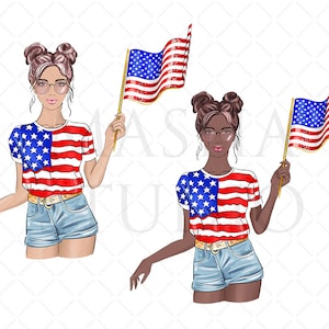 May include: Two women wearing red, white, and blue striped shirts with denim shorts and holding American flags.