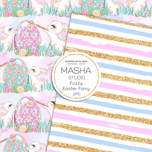 May include: Digital paper set featuring two patterns. One pattern shows white bunnies painting Easter eggs with floral accents. The other pattern has gold glitter stripes alternating with light blue and pink stripes. The text "MASHA STUDIO Fuzzy Easter Fairy" is also visible.
