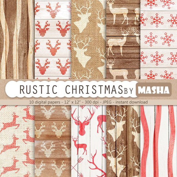 Rustic Christmas Digital Papers: "RUSTIC CHRISTMAS" with wood digital paper, christmas wood, christmas digital papers, 10 images