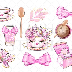 May include: A set of pink and gold themed illustrations featuring a teacup with eyelashes, a coffee cup with glitter, a floral teacup, a pink bow, a coffee cup with a bow, a branch with leaves, a magnolia flower, a box of macarons, and a pink ice cream cone.