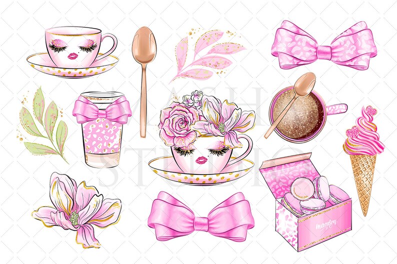 May include: A set of pink and gold themed illustrations featuring a teacup with eyelashes, a coffee cup with glitter, a floral teacup, a pink bow, a coffee cup with a bow, a branch with leaves, a magnolia flower, a box of macarons, and a pink ice cream cone.