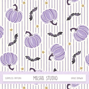 May include: A seamless pattern featuring light purple pumpkins, dark gray bats, and small gold stars on a background of vertical light purple stripes. A white horizontal banner across the bottom displays the text MASHA STUDIO.