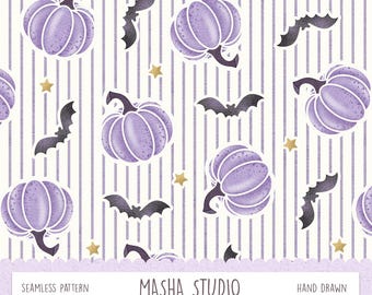 Preppy Pumpkin and Bats Seamless Pattern by Masha Studio | Halloween Repeat File for Commercial Use (Digital Download)