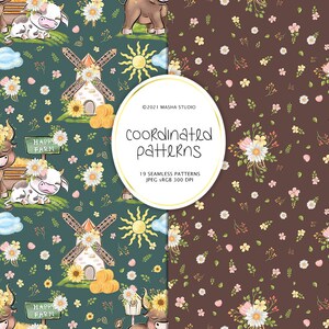 May include: Two seamless patterns featuring a green background with a bull, a cow, a windmill, sunflowers, and a sign that says "Happy Farm" and a brown background with white and pink flowers.