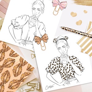 Sweet and Wild Outline illustraties, Freebie Illustraties, Coloring Drawing Clipart, PNG en JPEG bestanden, 300 dpi, Leopard Fashion Clipart