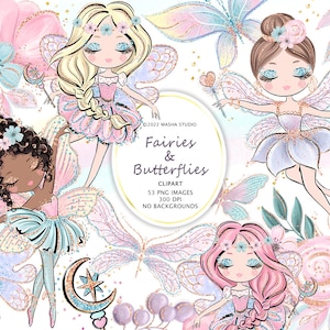 Fairy Clipart, Butterfly Clipart, Fairy Planner Stickers, Dark Skin Fairy Clipart, Sublimation Designs, Masha Studio, Cute Fairy Clipart