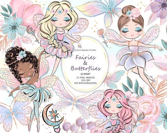 Fairy Clipart, Butterfly Clipart, Fairy Planner Stickers, Dark Skin Fairy Clipart, Sublimation Designs, Masha Studio, Cute Fairy Clipart