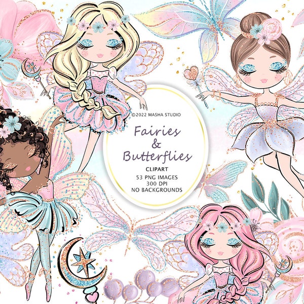 Fairy Clipart, Butterfly Clipart, Fairy Planner Stickers, Dark Skin Fairy Clipart, Sublimation Designs, Masha Studio, Cute Fairy Clipart