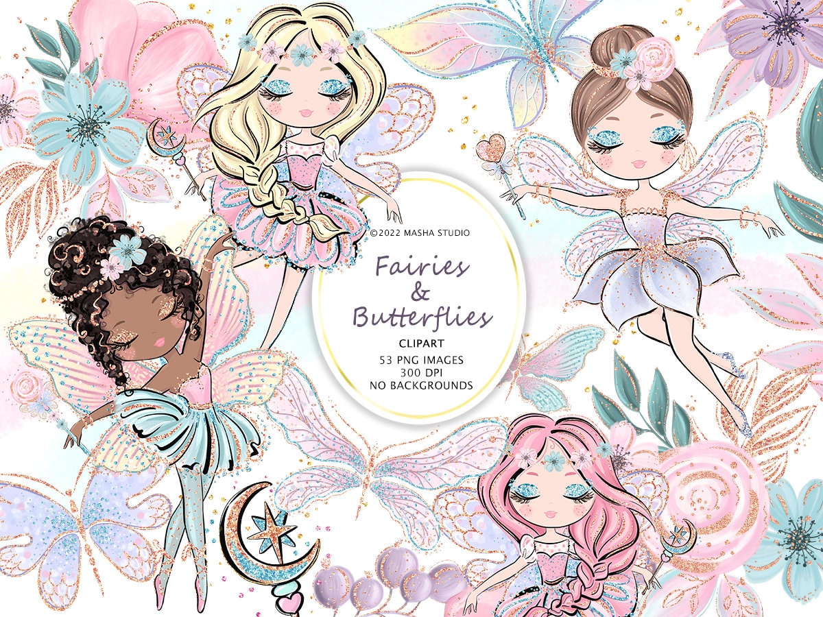 Fairy Clipart, Butterfly Clipart, Fairy Planner Stickers, Dark Skin Fairy Clipart, Sublimation Designs, Masha Studio, Cute Fairy Clipart