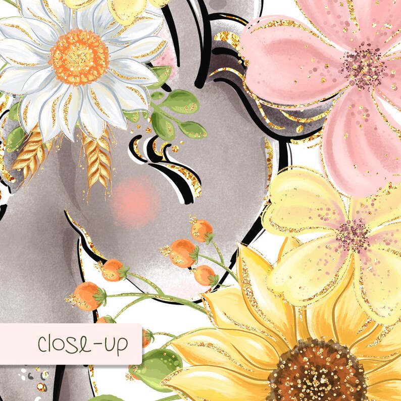 May include: A close-up of a gray and white illustration of a donkey's head with a floral wreath. The wreath is made of white daisies, yellow sunflowers, and pink flowers. The flowers have gold glitter accents.