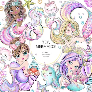 Clipart sirènes, stickers, sirène Sublimaion Design, licorne sirène, chat sirène, clipart narval, bébé requin